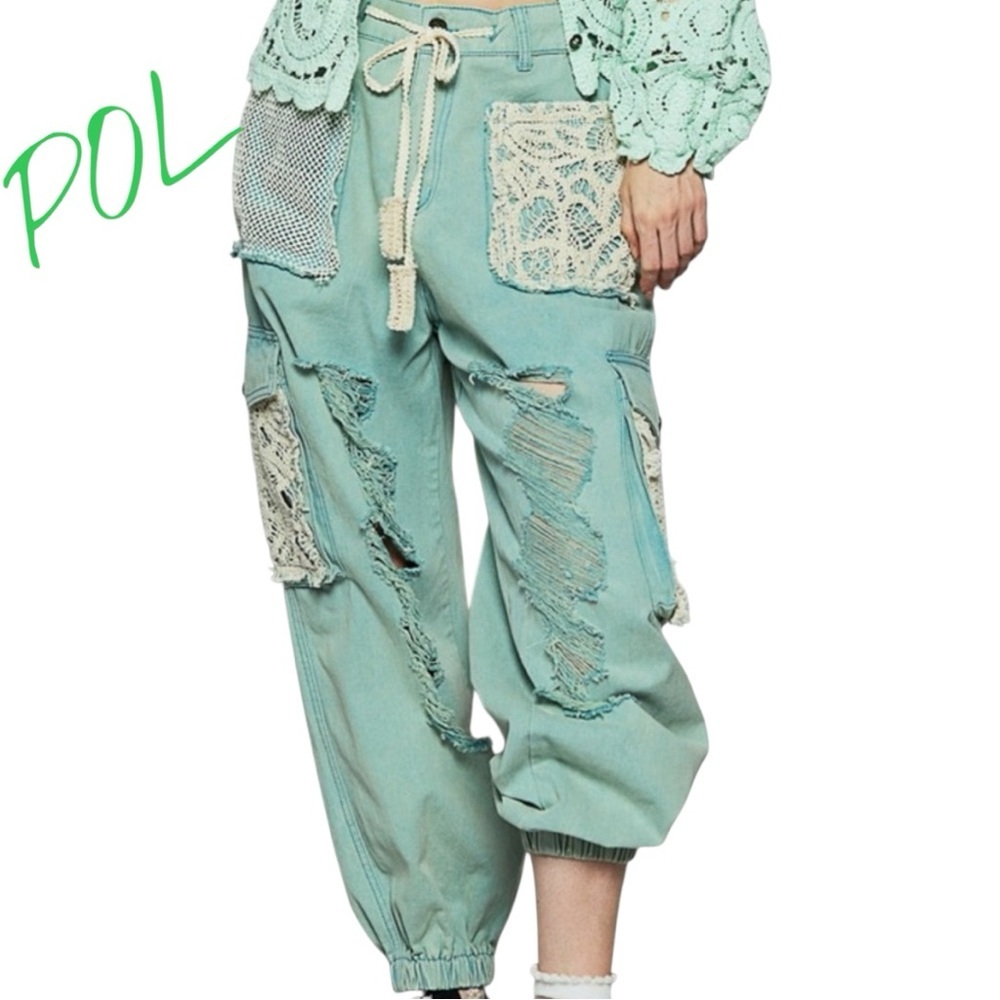 POL Crochet Lace Patchwork Distressed Drawstring Jogger Pants in Teal Sz M NWOT